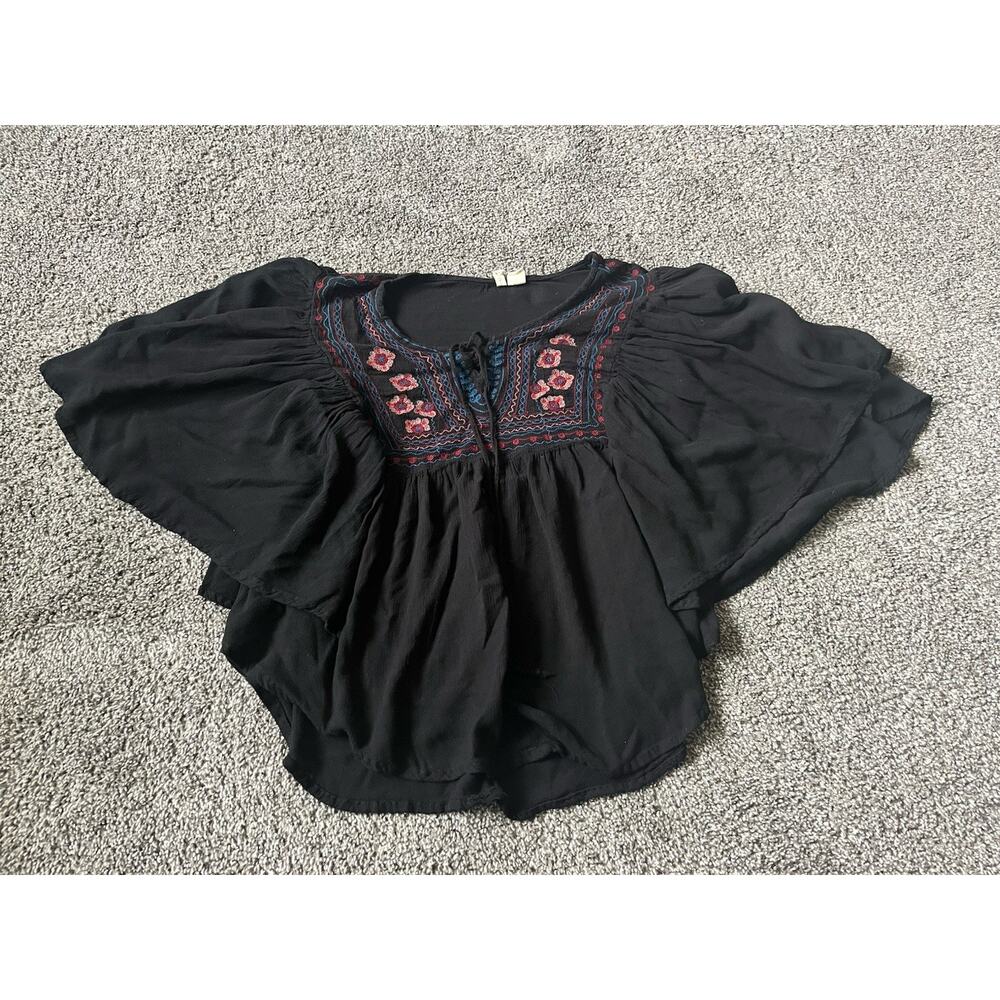 Japna Womens Top Embroidered Cotton Boho Romantic Hippie Flowy Small Black NN